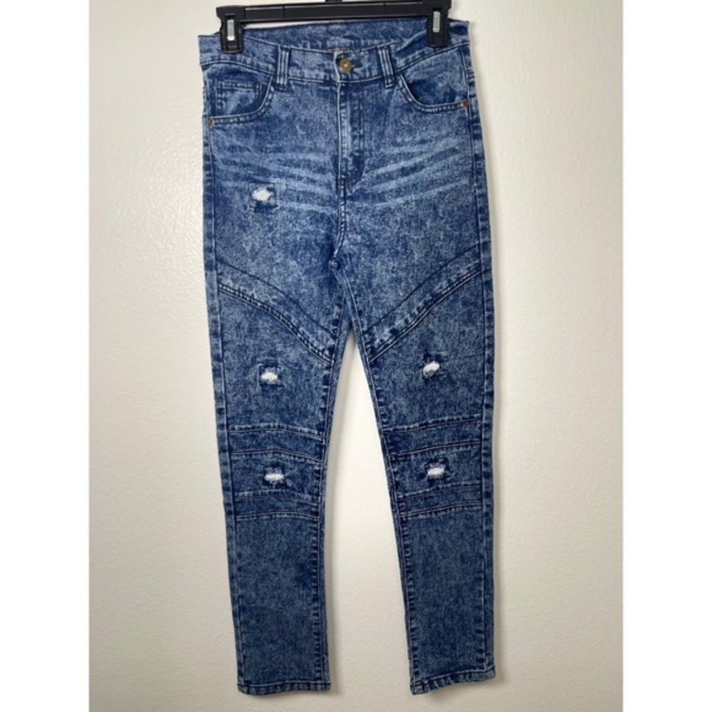 Quad Seven Boys Moto Skinny Jeans Acid Wash Distressed Biker Denim Blue Size 16